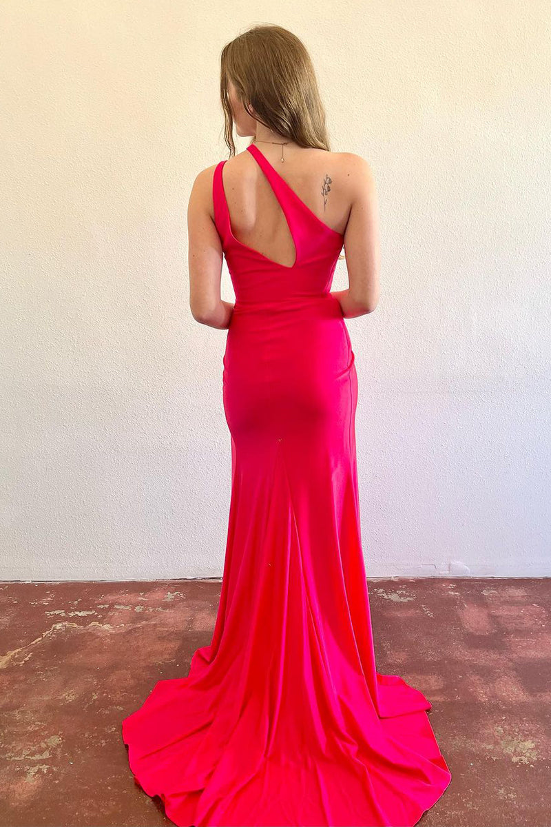Patrice | Schlichtes Meerjungfrau-Ballkleid aus rotem Satin mit einer Schulter und Schlitz
