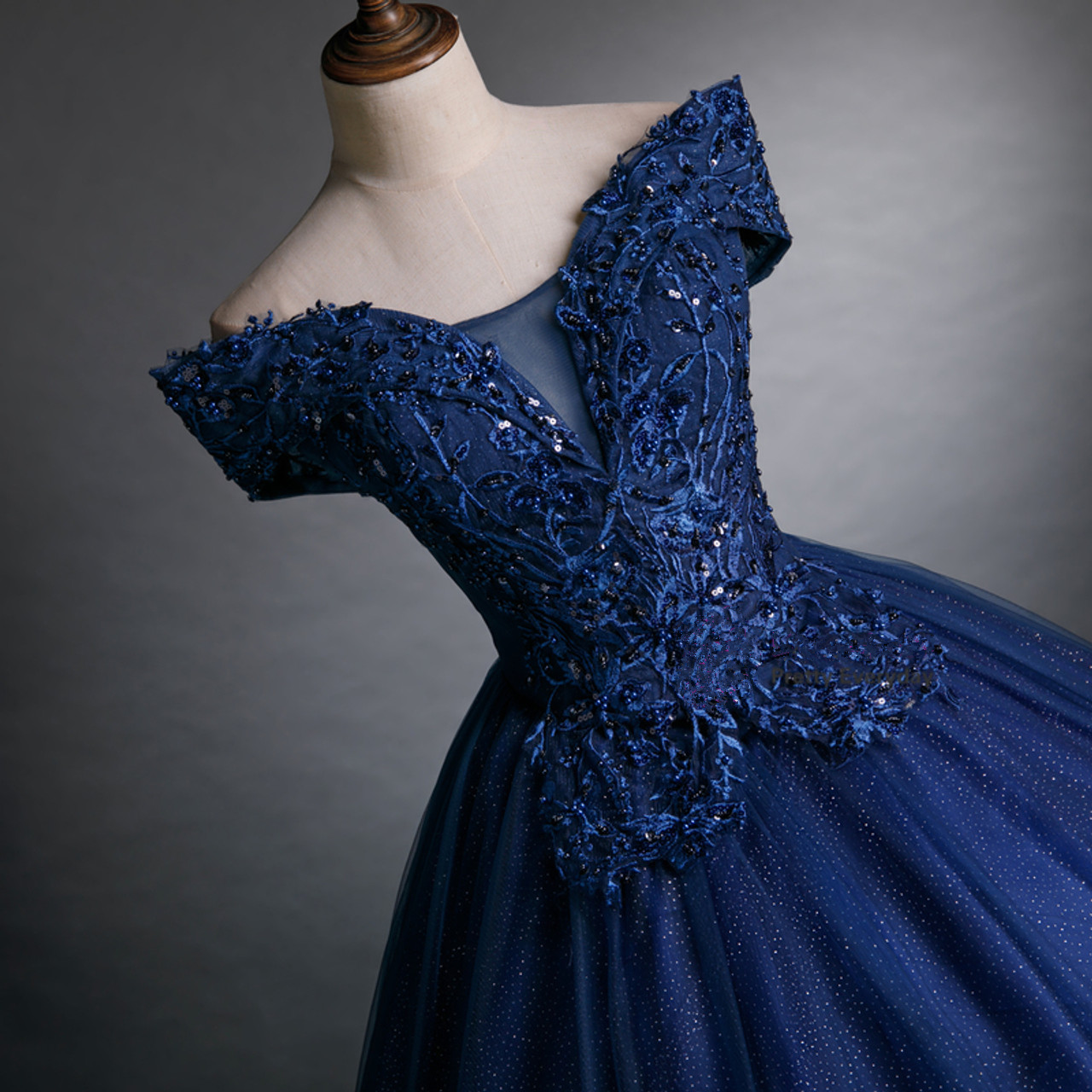 Beautiful Navy Blue Appliques Beaded Ball Gown Off The Shoulder Evening Dress Y7677