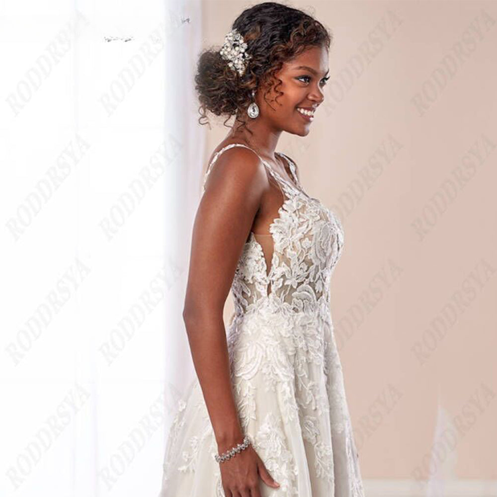 Boho Wedding Dresses Spaghetti Straps A-Line Applique Bride Gowns Sexy Backless Sleeveless Tulle robe de mariée-payinti