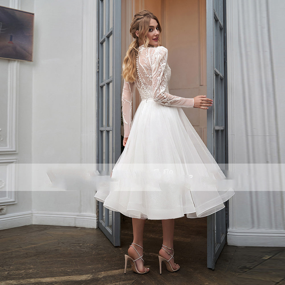 High Collar With Sleeve Luxury Applique Wedding Dress Short Tulle Custom Elegant Tea Length Bride Gown Button Vestidos-payinti