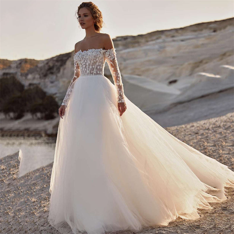 Elegant A-Line Wedding Dress 2023 Women Lace Open Back Strapless Long Detachable Sleeve Bridal Gown Sweep Train Vestido De Noiva-payinti