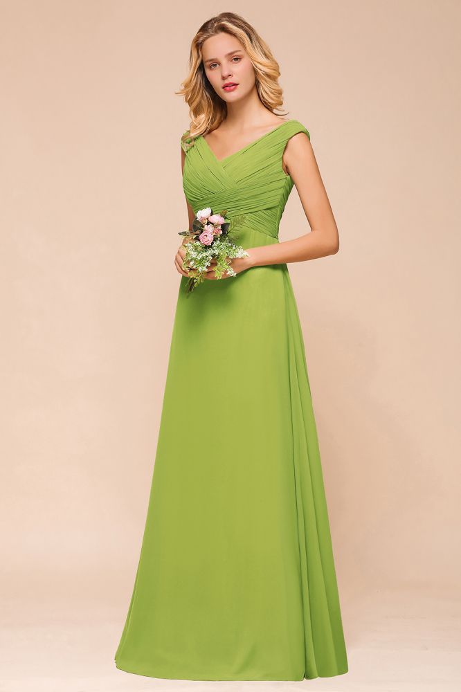 Vestido de dama de honor verde largo y sencillo con mangas cortas