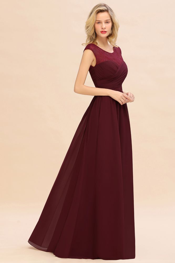 Vestido de dama de honor largo hasta el suelo de gasa color burdeos con mangas cortas