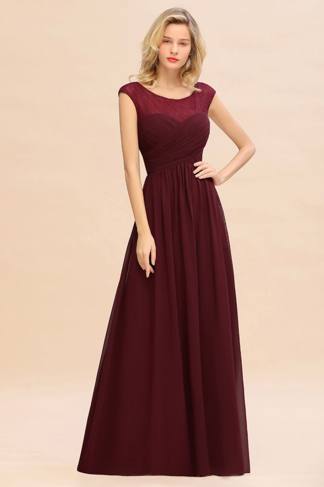 Vestido de dama de honor largo hasta el suelo de gasa color burdeos con mangas cortas