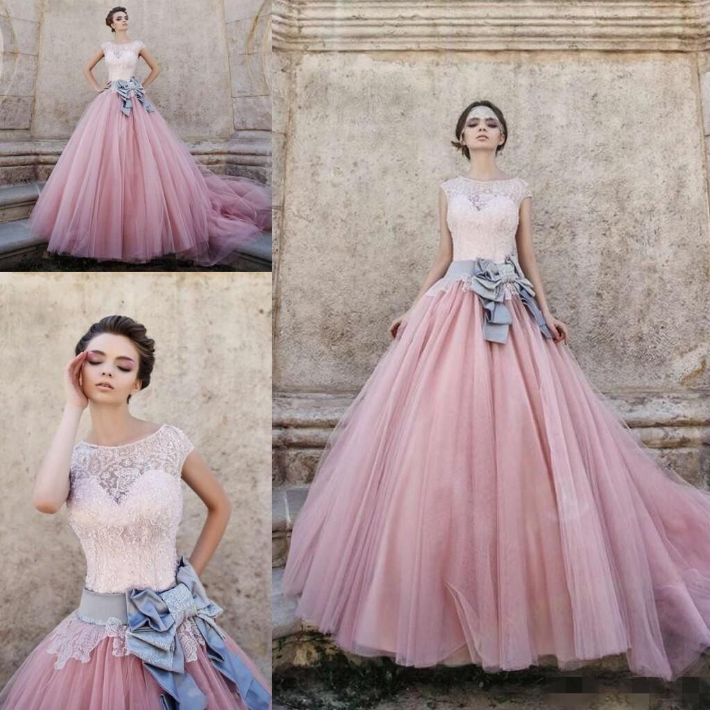 Vestido de novia de tul rosa con lazo y encaje, mangas cortas, WD074