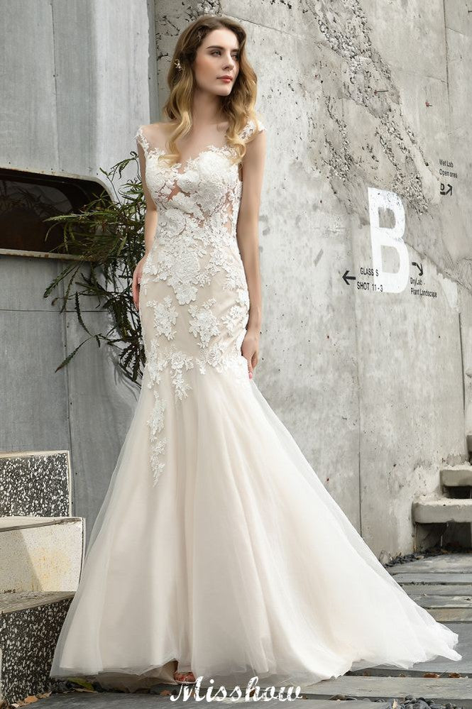 Vestido de novia de sirena con mangas cortas y encaje, blanco/marfil, con flores para jardín