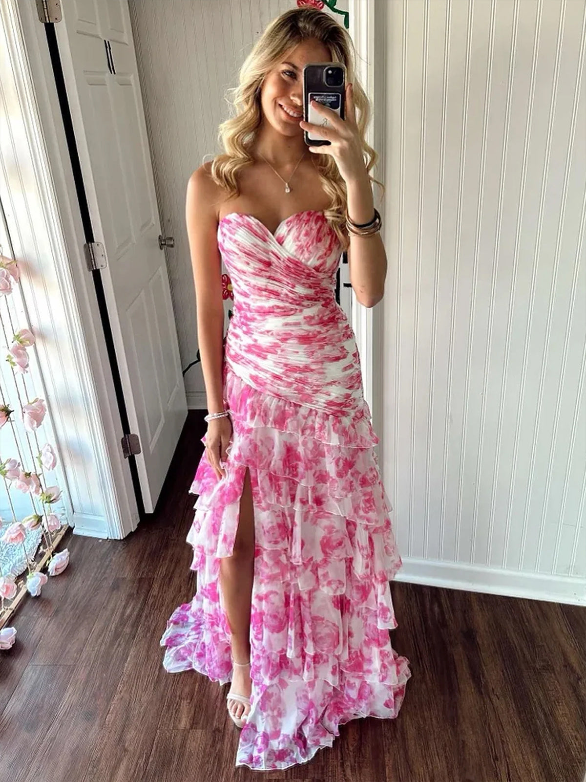 Cassian | Vestidos de fiesta largos de gasa con escote corazón y abertura, estampados de sirena