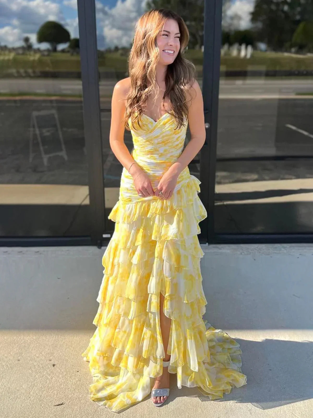 Cassian | Vestidos de fiesta largos de gasa con escote corazón y abertura, estampados de sirena