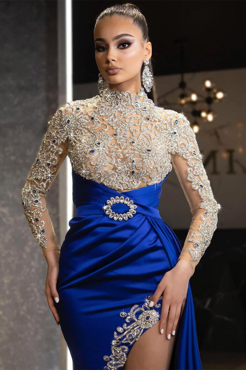 Long Sleeve Royal Blue Elegance Prom Dress with Beaded Details and Ruffled Split