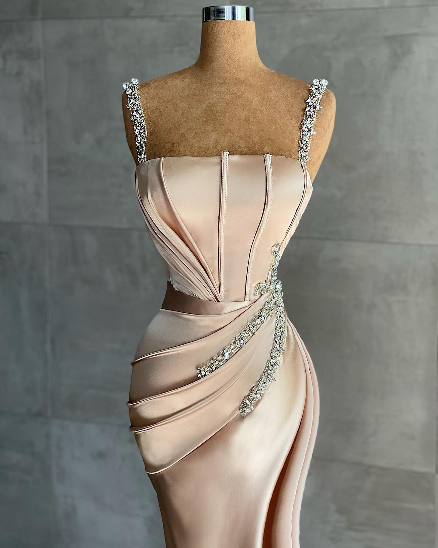 Champagne evening dresses floor-length with glitter