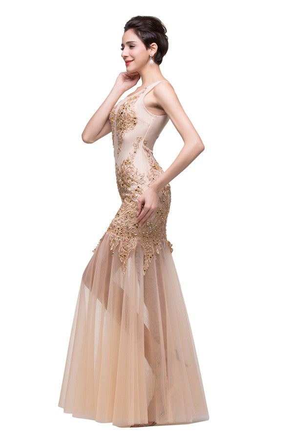 Vestidos de fiesta con apliques hasta el suelo, corte sirena y escote en champán