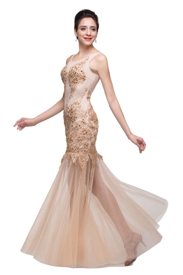 Vestidos de fiesta con apliques hasta el suelo, corte sirena y escote en champán