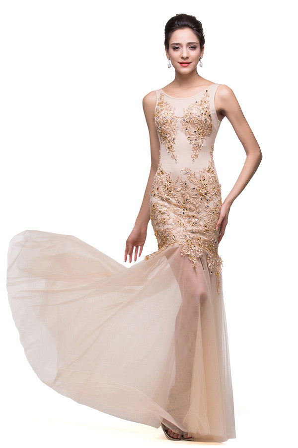Vestidos de fiesta con apliques hasta el suelo, corte sirena y escote en champán