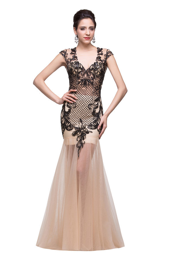 Vestidos de fiesta de sirena con escote en V color champán y largo hasta el suelo