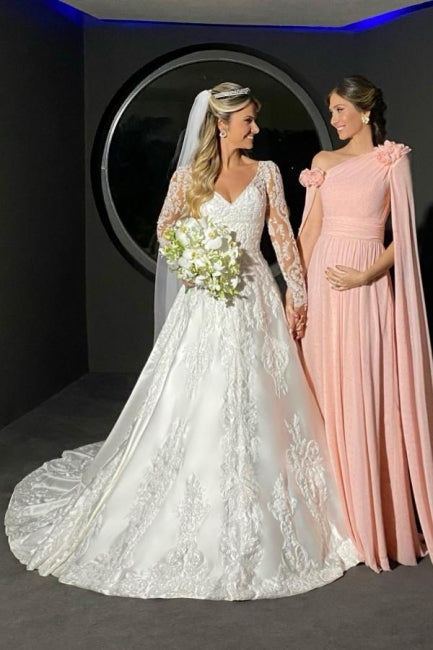 Vestido de novia blanco con escote en forma de A, manga larga y encaje con apliques