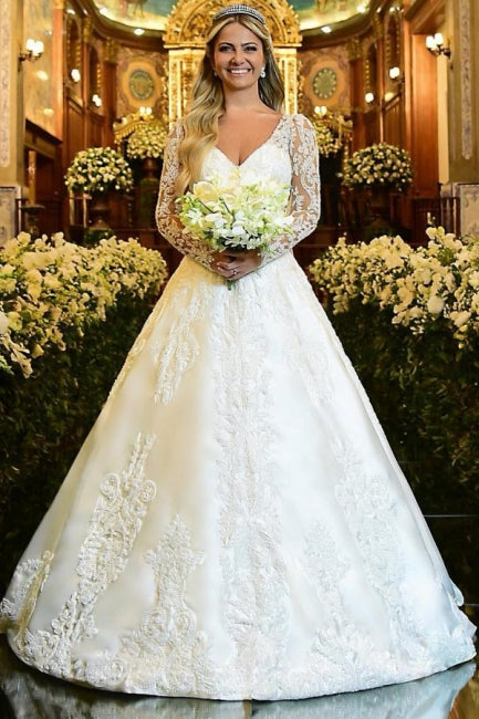 Vestido de novia blanco con escote en forma de A, manga larga y encaje con apliques