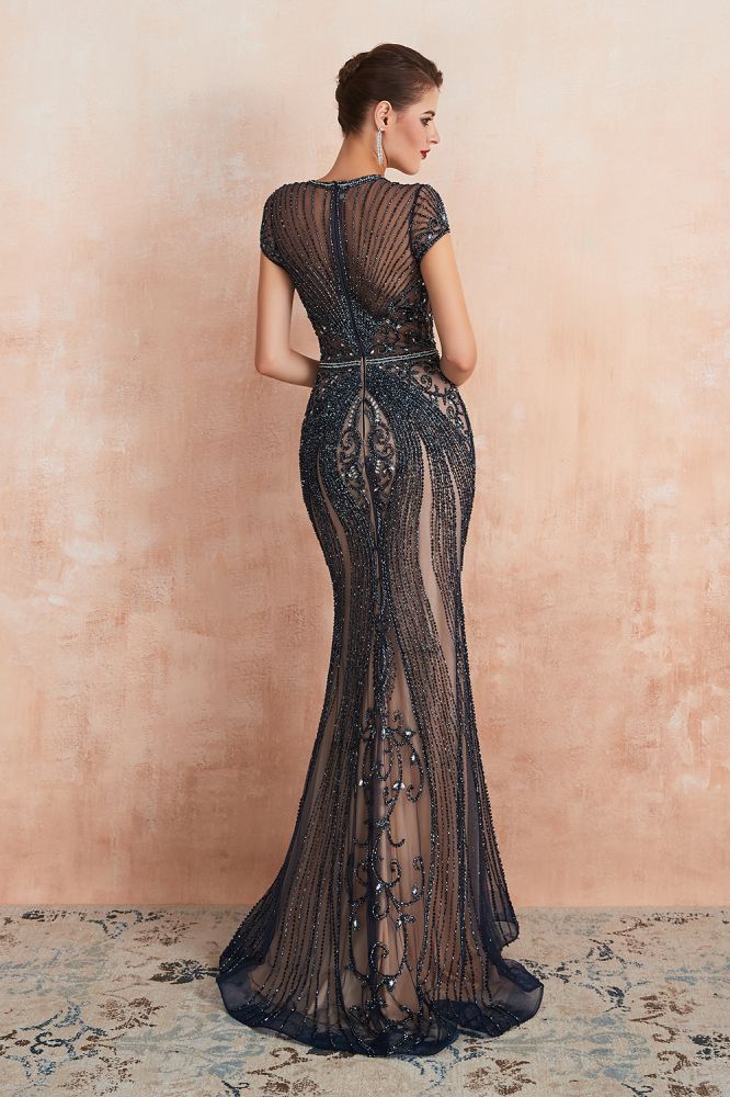 Vestido de fiesta de noche con cuello redondo y corte sirena con mangas cortas y cuentas