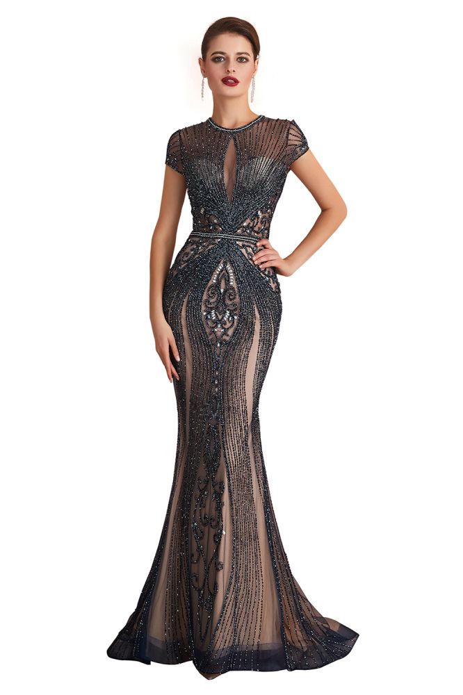 Vestido de fiesta de noche con cuello redondo y corte sirena con mangas cortas y cuentas