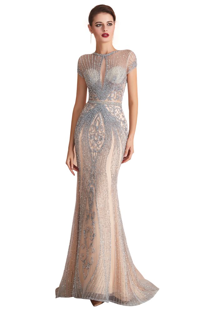 Vestido de fiesta de noche con cuello redondo y corte sirena con mangas cortas y cuentas