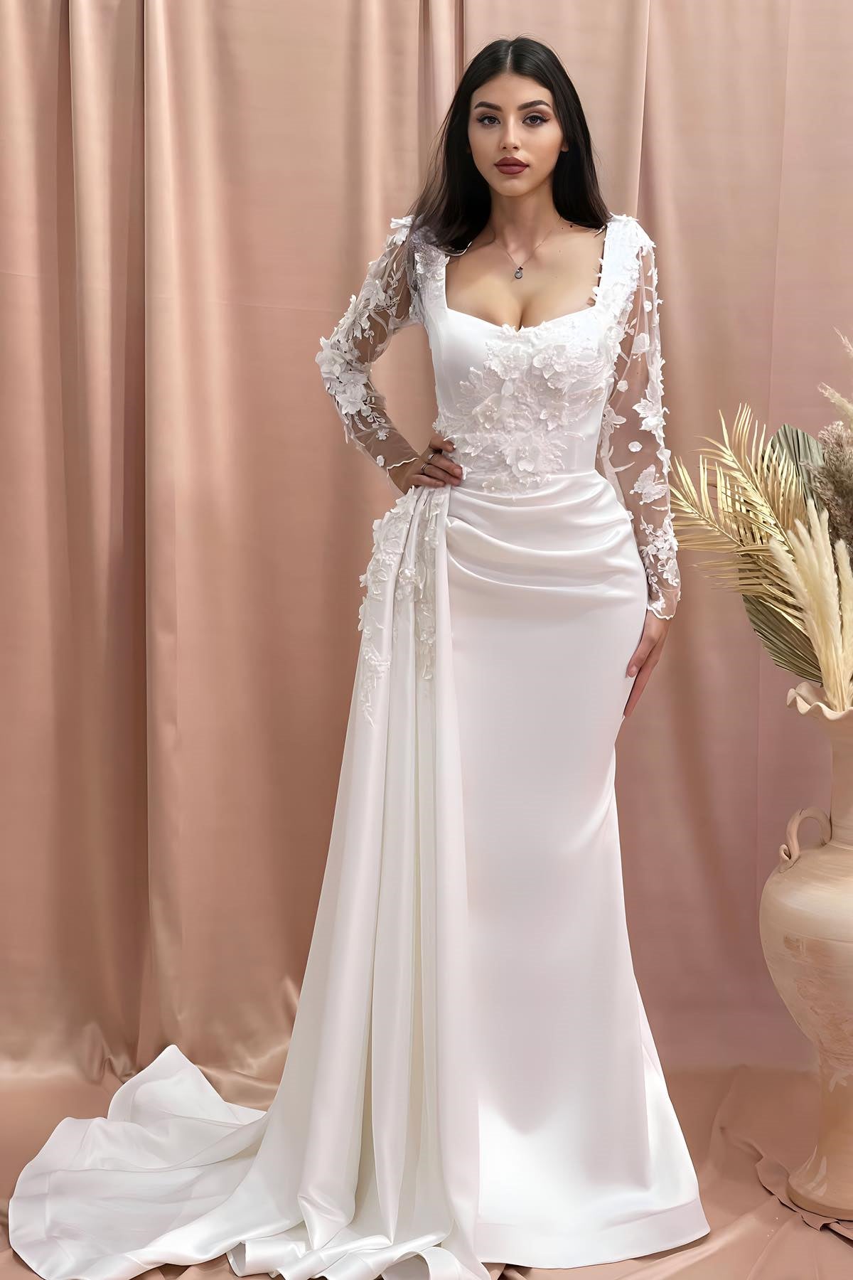 Vestidos de novia con escote en V, hombros descubiertos, mangas largas, apliques de encaje satinado