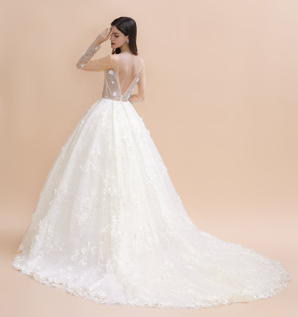 Vestido de novia con apliques de encaje floral encantador, precioso vestido de novia con cuentas blancas