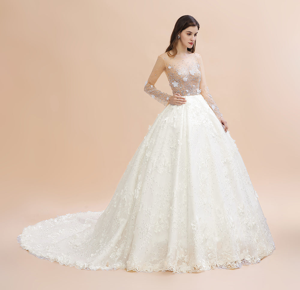 Vestido de novia con apliques de encaje floral encantador, precioso vestido de novia con cuentas blancas