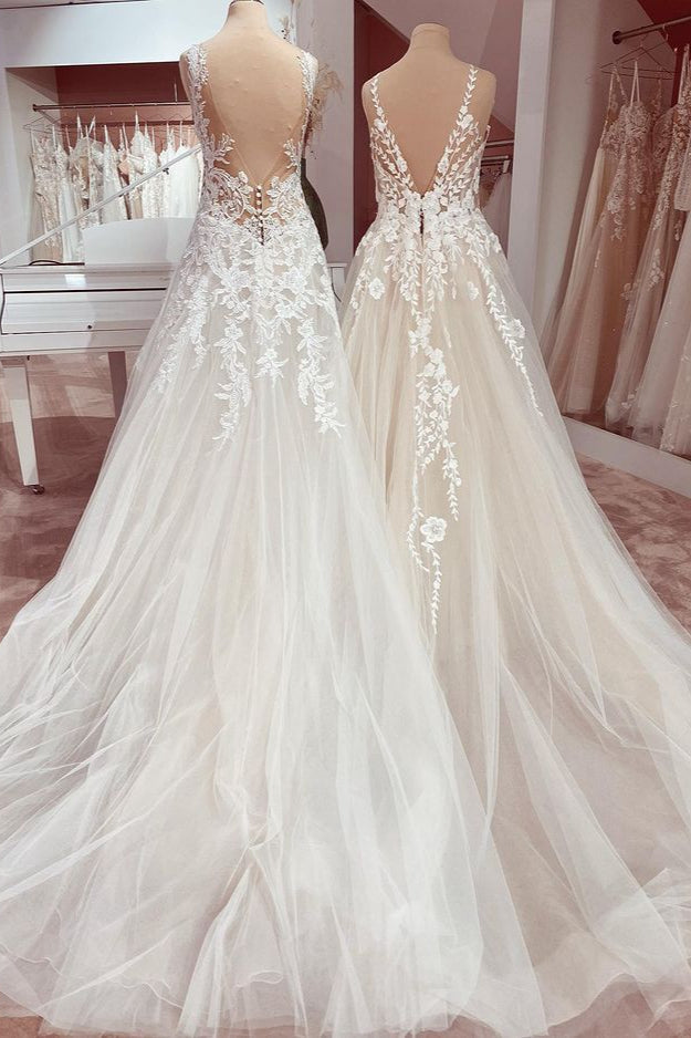 Vestido de novia encantador de tul con encaje, apliques y escote en V y corte A largo