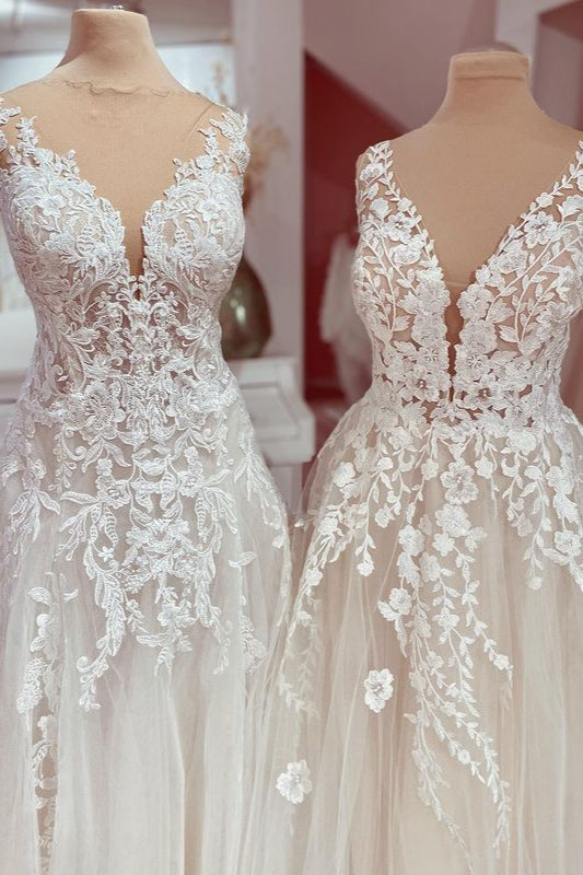 Vestido de novia encantador de tul con encaje, apliques y escote en V y corte A largo