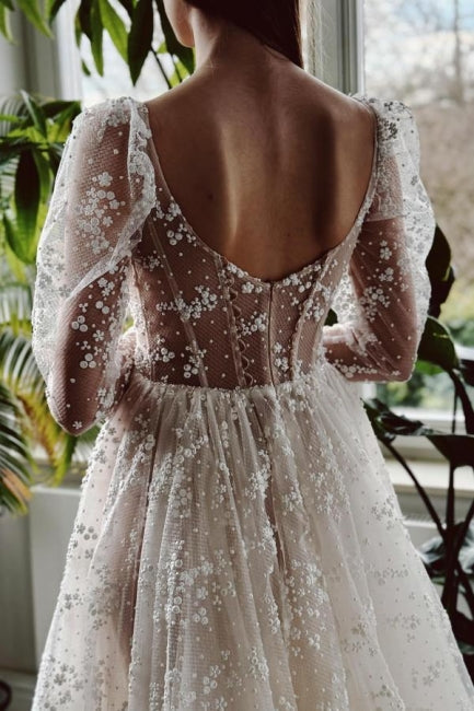 Vestido de novia encantador de encaje, largo, color marfil, corte A, mangas largas y abertura