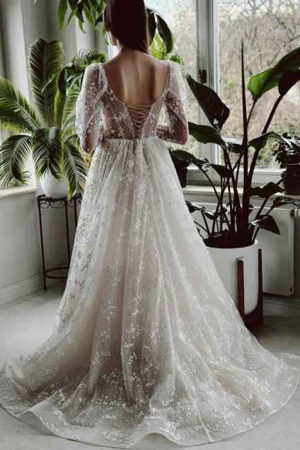 Vestido de novia encantador de encaje, largo, color marfil, corte A, mangas largas y abertura