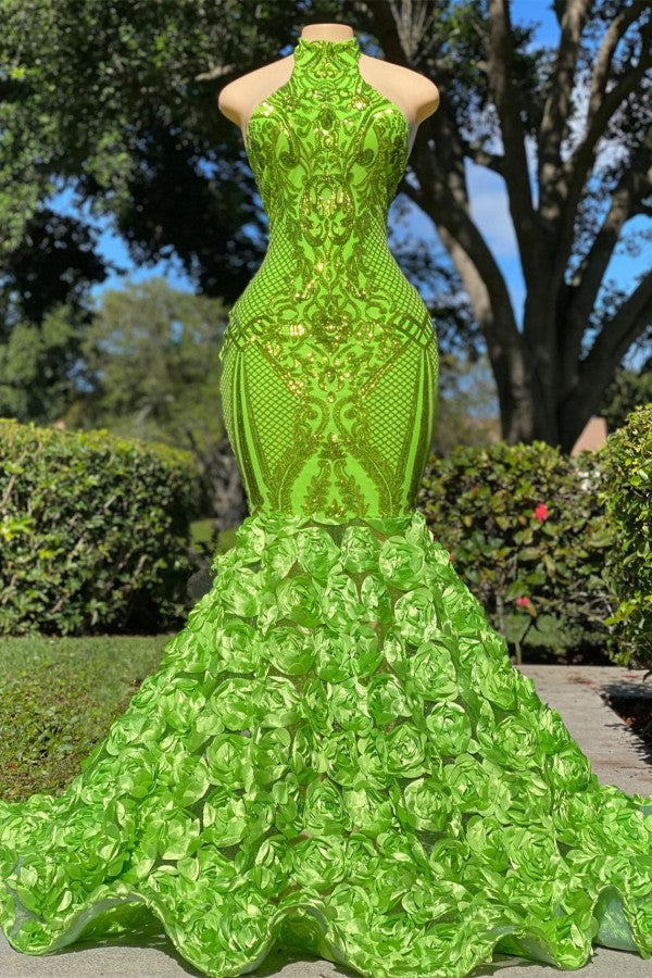 Vestido de fiesta encantador de sirena largo con cuello halter, satén, encaje y espalda descubierta