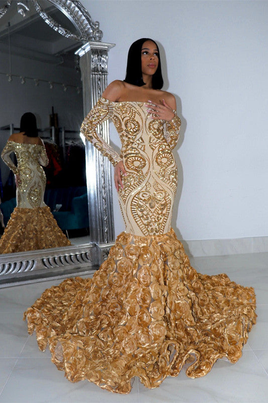 Charming Long Mermaid Long Sleeves Prom Dress With Applique