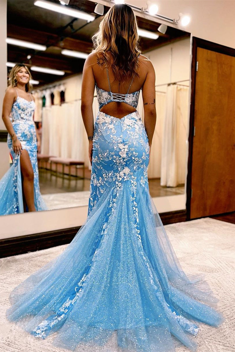 Vestido de fiesta largo con escote sirena, tirantes finos, encaje, sin mangas y abertura