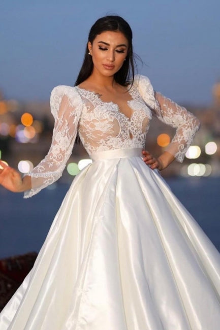 Vestido de novia encantador de satén con escote en V y mangas largas con encaje