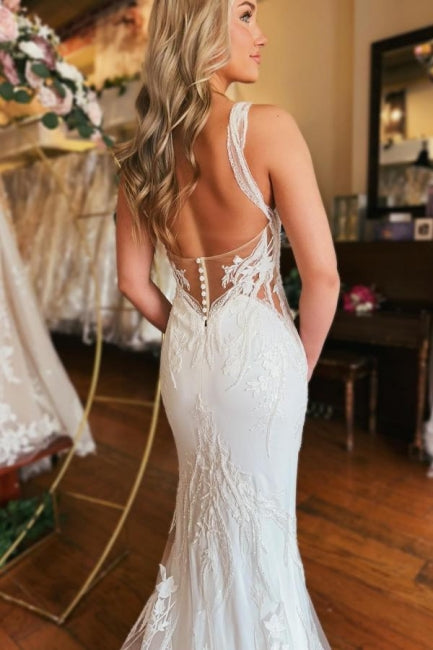 Encantador vestido de novia largo de sirena con escote en V y sin mangas con encaje