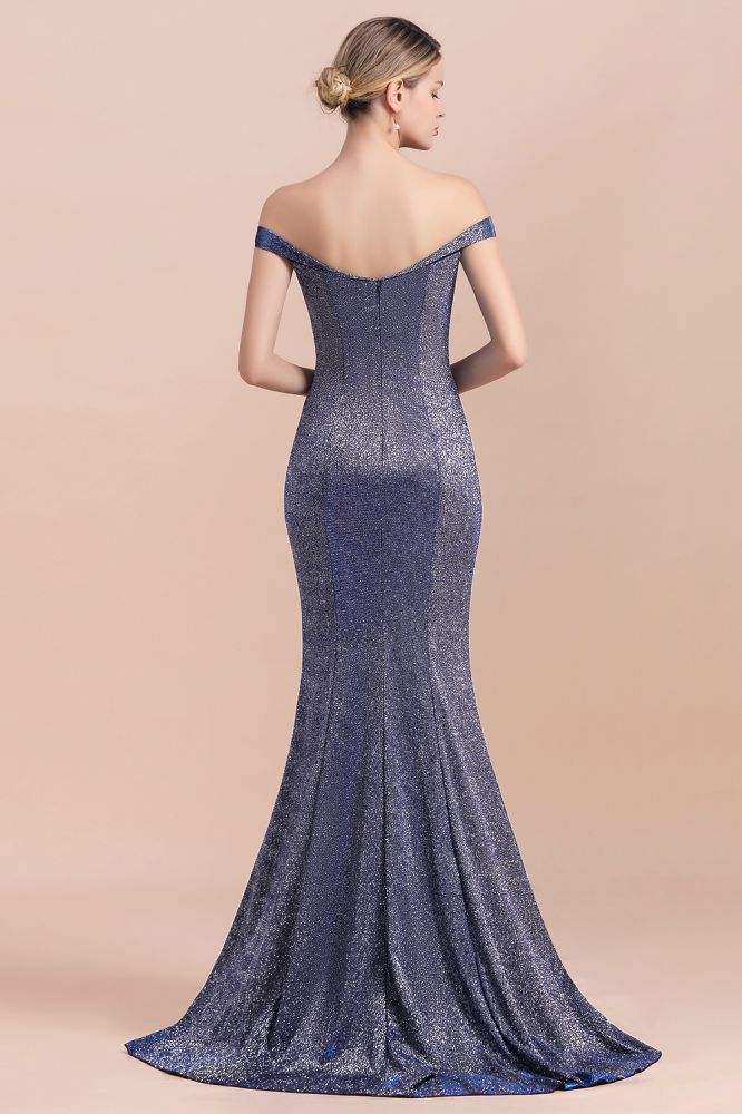Vestido de noche largo estilo sirena de seda brillante con hombros descubiertos y corte entallado hasta el suelo para fiesta de graduación