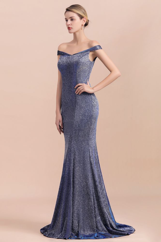Vestido de noche largo estilo sirena de seda brillante con hombros descubiertos y corte entallado hasta el suelo para fiesta de graduación