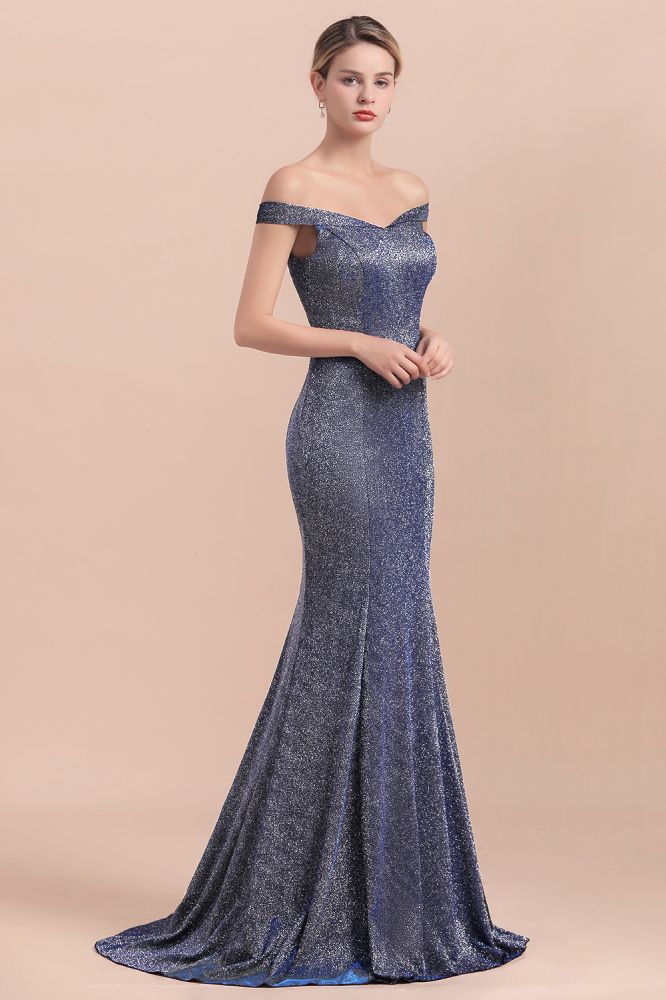Vestido de noche largo estilo sirena de seda brillante con hombros descubiertos y corte entallado hasta el suelo para fiesta de graduación