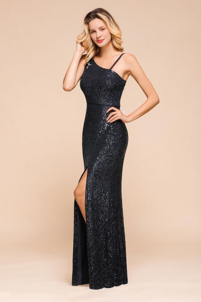 Vestido de fiesta encantador de un solo hombro con lentejuelas brillantes y abertura lateral