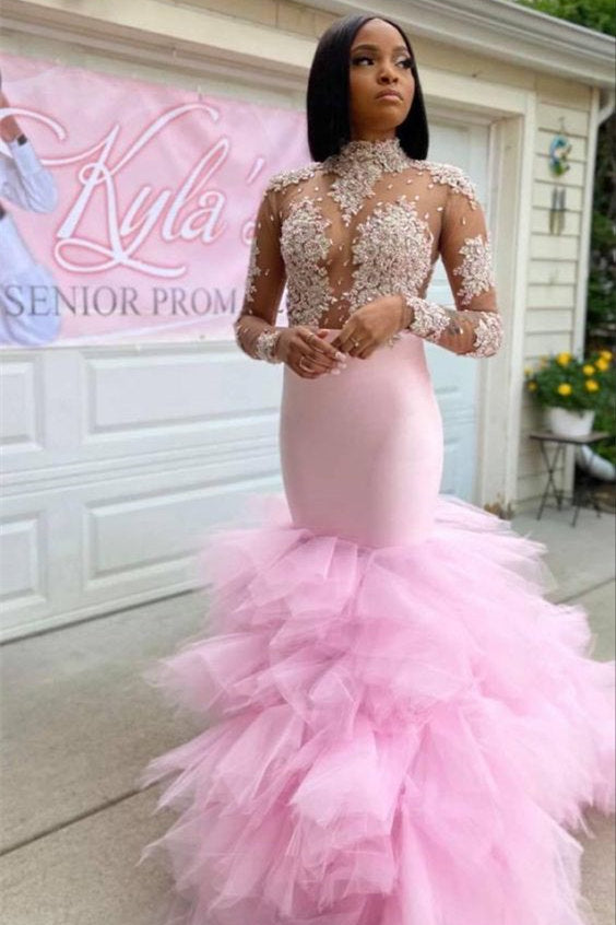 Encantador vestido de fiesta rosa con cuello halter, manga larga, encaje transparente, columna, sirena, largo hasta el suelo