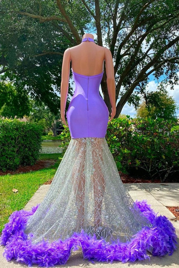 Vestido de fiesta de tul satinado con cuello halter y corte sirena morado encantador