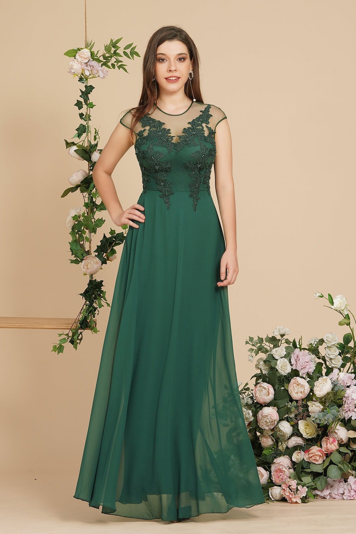 Vestido largo de noche con mangas cortas y encantador diseño de cuentas, estilo Aline, para dama de honor