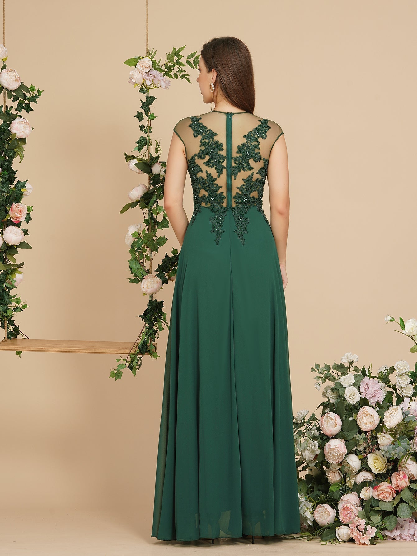 Vestido largo de noche con mangas cortas y encantador diseño de cuentas, estilo Aline, para dama de honor