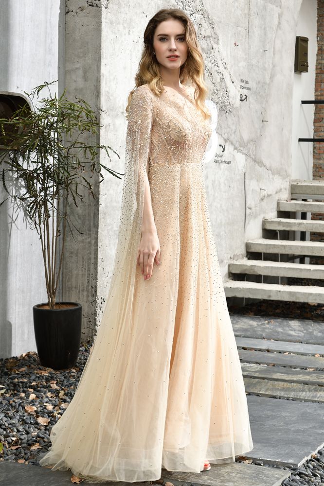 Encantador vestido de fiesta de noche de tul largo hasta el suelo con cuentas brillantes y capa en la espalda
