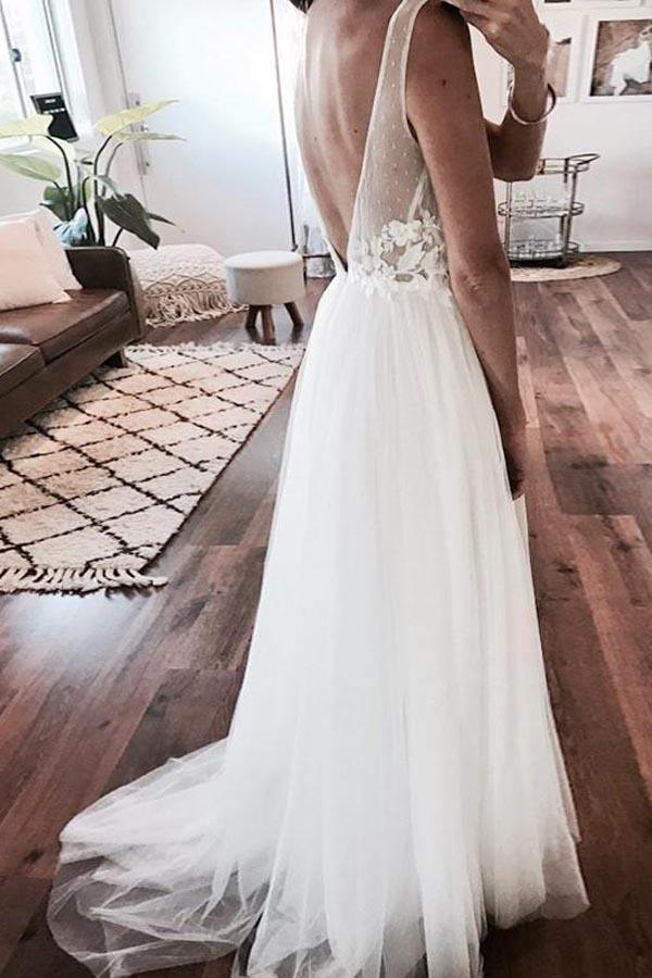 Ivory Tulle Beach Lace Applique See Through Wedding Dress WD357