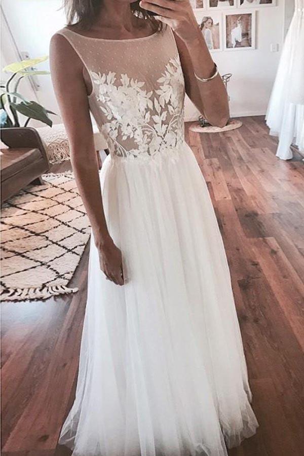 Ivory Tulle Beach Lace Applique See Through Wedding Dress WD357