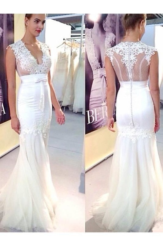 Elegante vestido de novia de sirena, sin mangas, con escote en V y apliques de tul