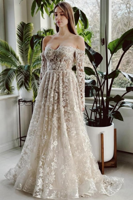 Schickes langes A-Linien-Brautkleid mit schulterfreier Spitze und Perlenbesatz und langen Ärmeln