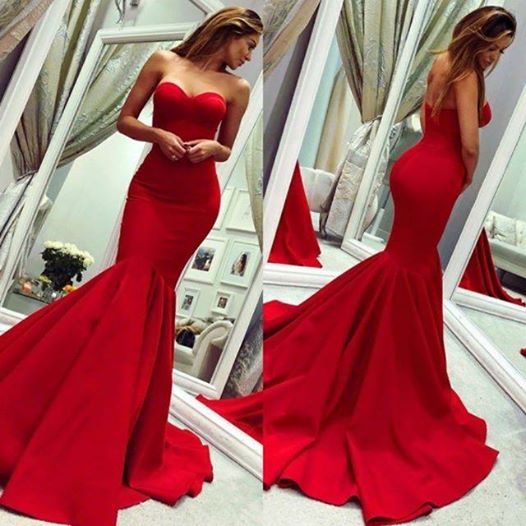 Vestido de fiesta elegante de satén rojo con escote corazón y corte sirena