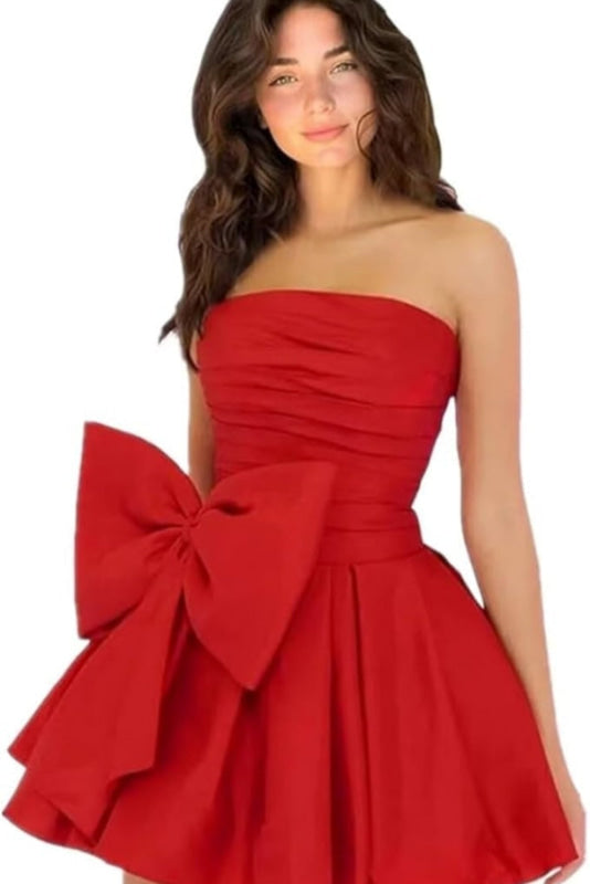 Stilvolles ärmelloses, gerüschtes, kurzes Homecoming-Kleid, schlichtes Mini-Partykleid mit Schleife
